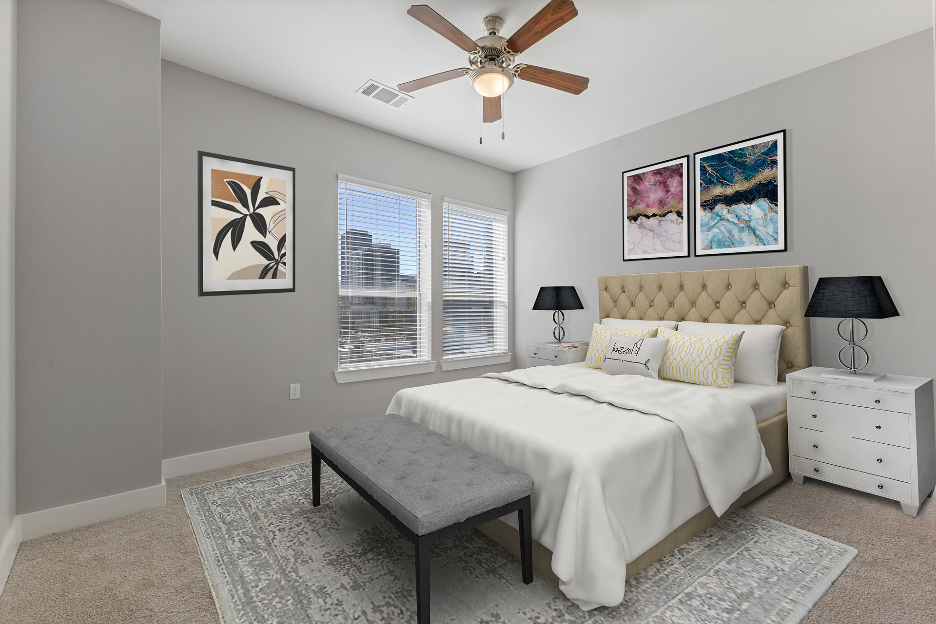 Spacious bedroom with modern apartment decor