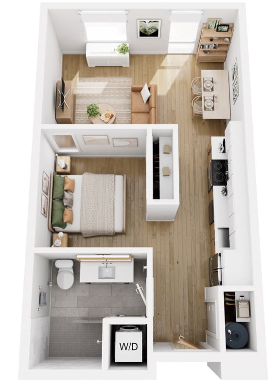 Apartments in Lancaster | a 3d rendering of a bedroom with a wood floor