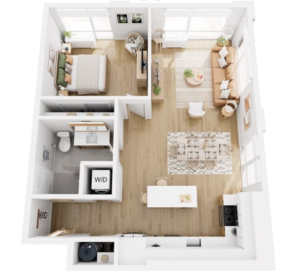 Apartments in Lancaster | a 3d drawing of a bedroom with a living room