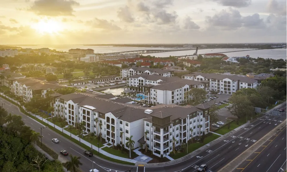 aerial shot of apartment community at dusk