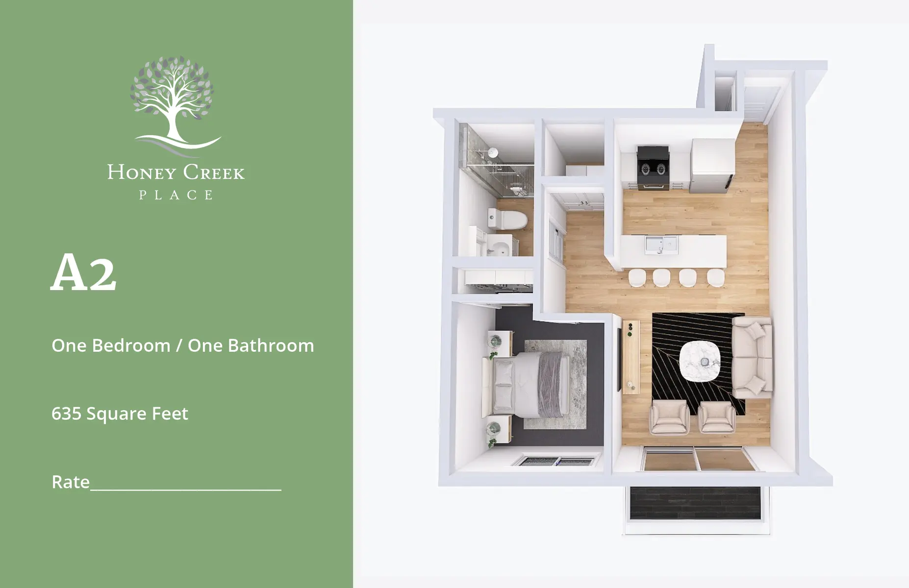 A floor plan illustration of a one-bedroom, one-bathroom apartment labeled A2 at Honey Creek Place, measuring 635 square feet.
