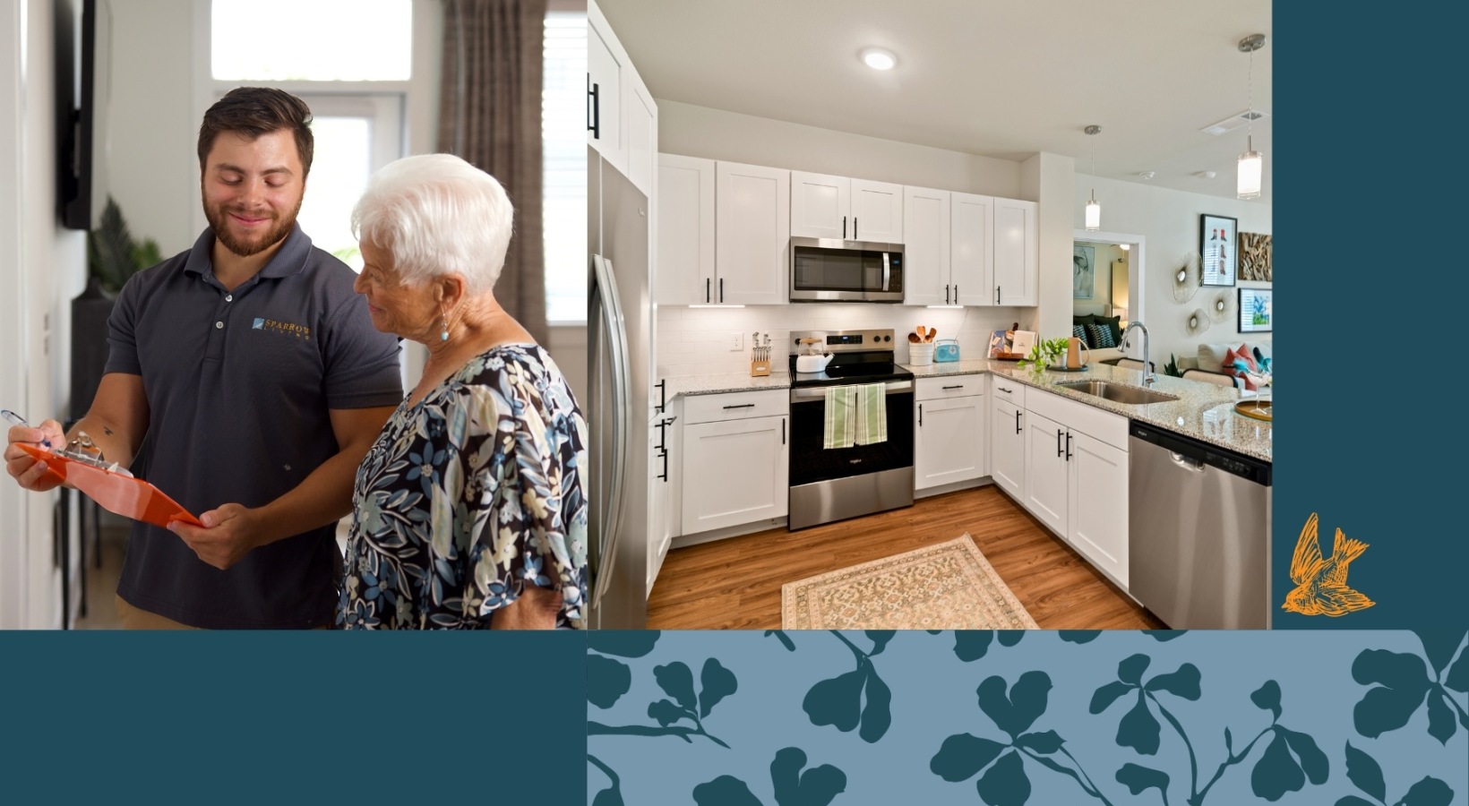 a woman and a man talking in a kitchen