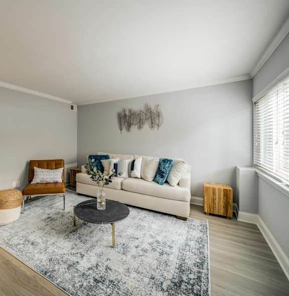 A living room with a white couch, a coffee table, and a rug.