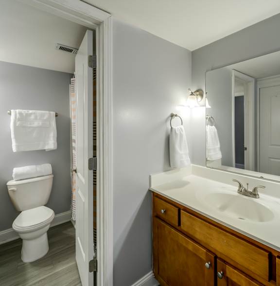 A bathroom with a toilet, sink, and mirror.