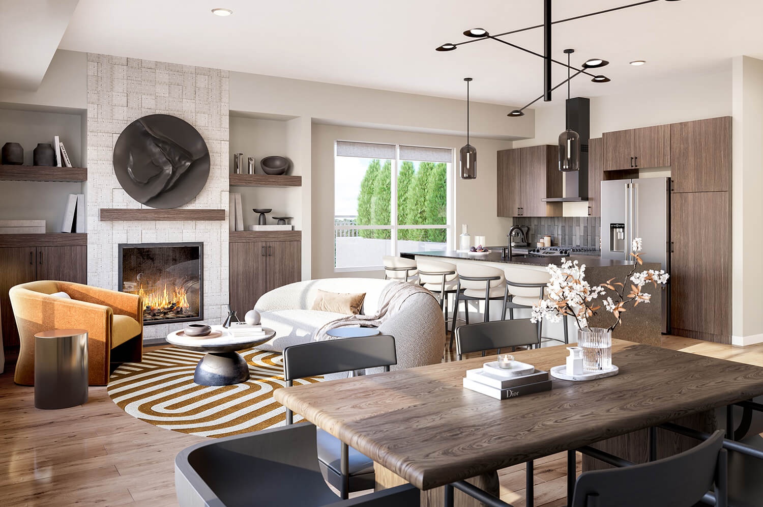 an apartment living room, dining room and kitchen fully furnished