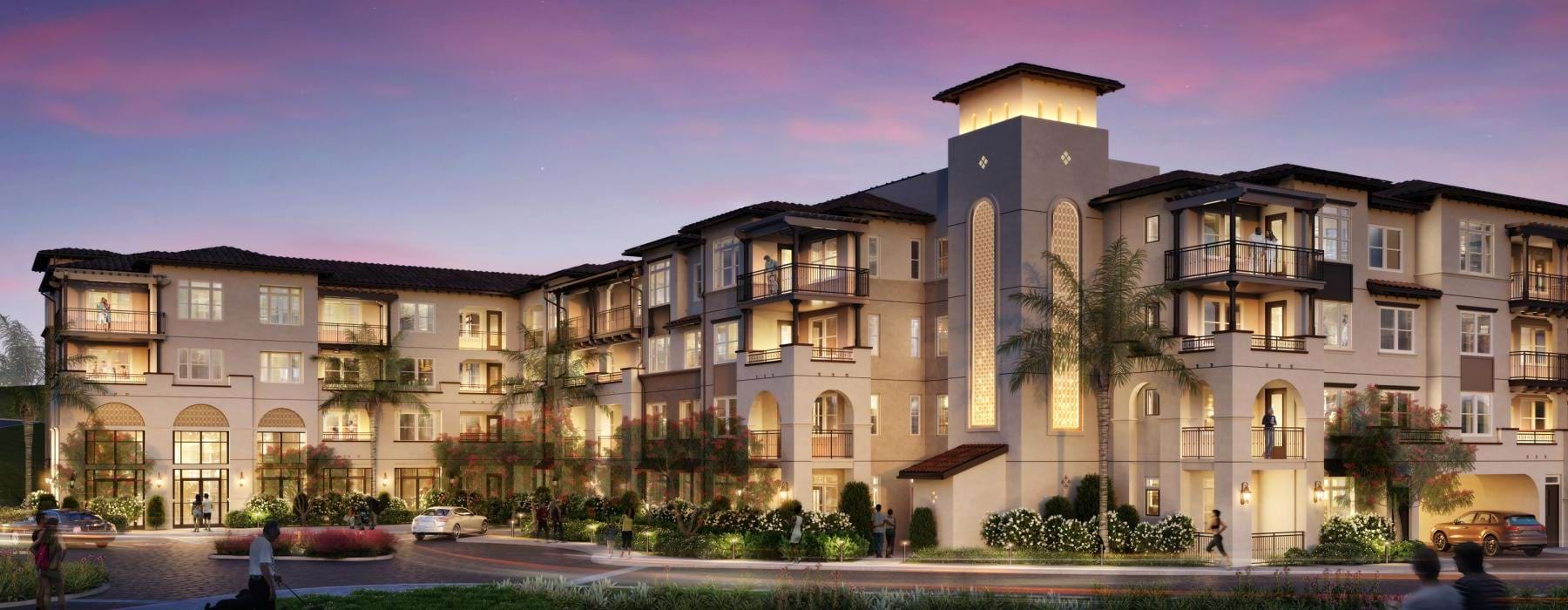 exterior of apartment building at night