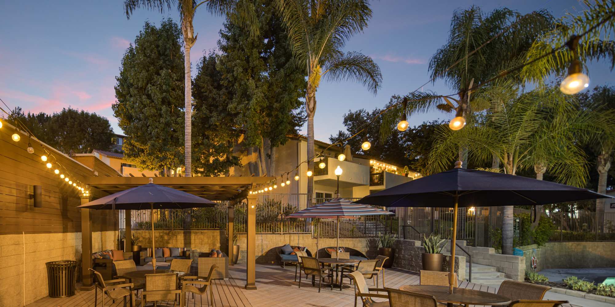 Outdoor patio with string lights at Sofi Thousand Oaks in Thousand Oaks, California.