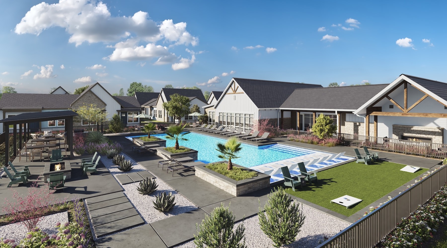 Aerial view of the pool at Foxtail by Banyan with lounge chairs and shaded cabana area at our apartments in Austin, TX.