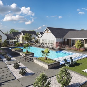 Aerial view of the pool at Foxtail by Banyan with lounge chairs and shaded cabana area at our brand new apartments in Austin.