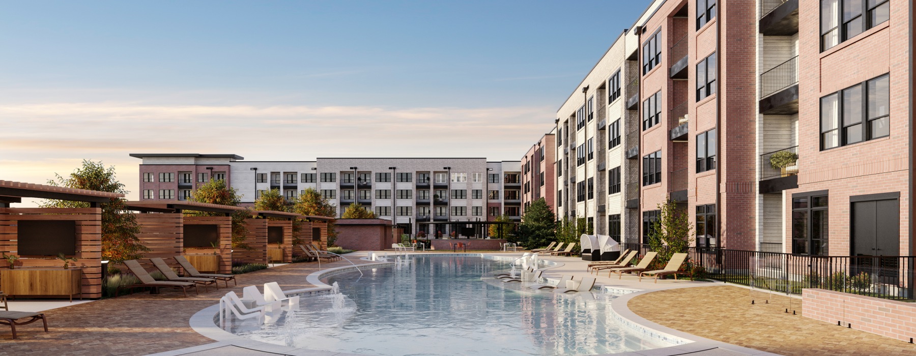 a large swimming pool in a courtyard between buildings