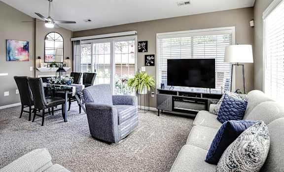 A living room with a grey couch, a black chair, a dining table with chairs, a television, and a potted plant.