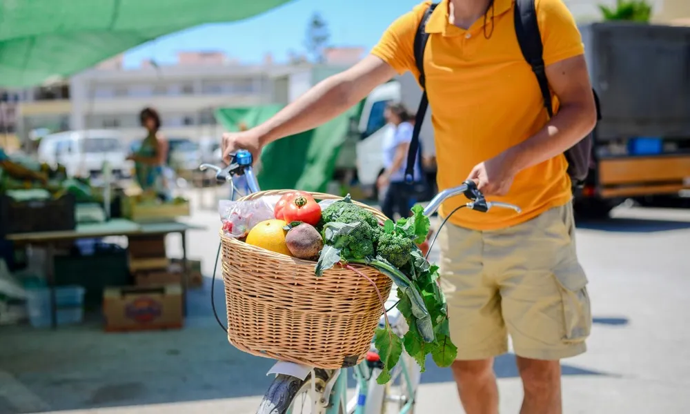 guy holding a bike with basket of vegetables from farmers market