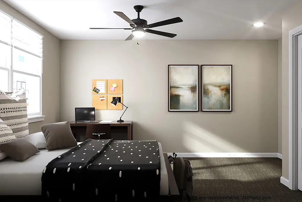 Modern bedroom with stylish decor featuring a cozy bed, elegant art pieces, a functional workspace, and ample natural light through large windows.