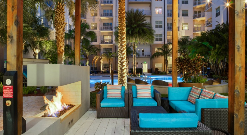 Juno Winter Park outdoor patio with fireplace