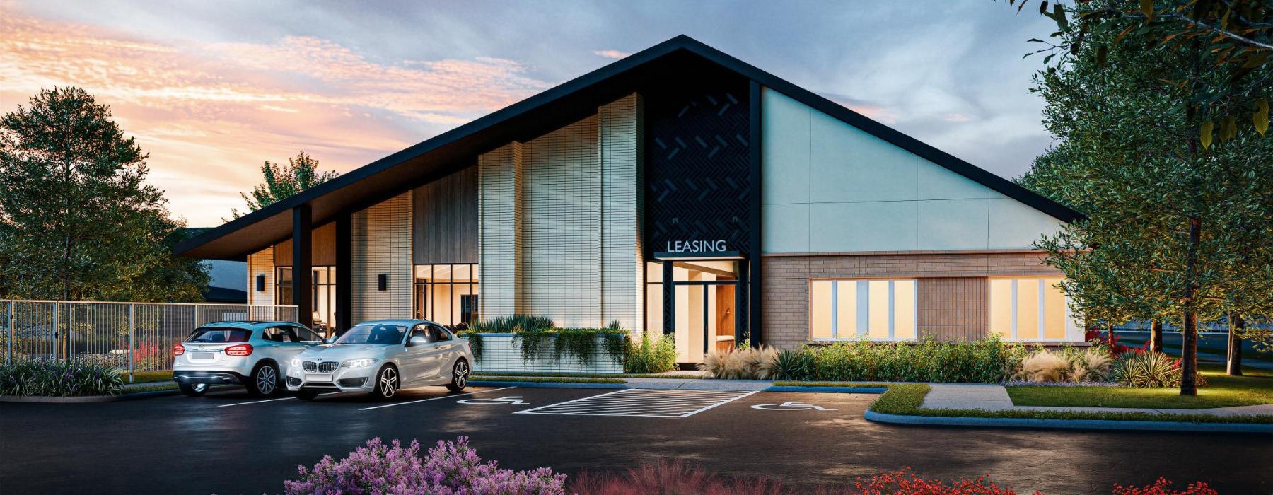 a building with cars parked outside