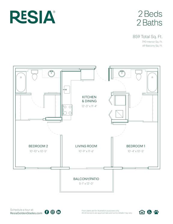 A floor plan for a Resia 2 Bed 2 Bath property.