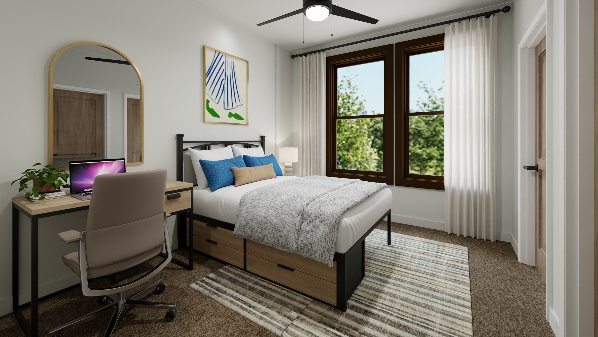 modern bedroom with desk at chandelier in oxford ms