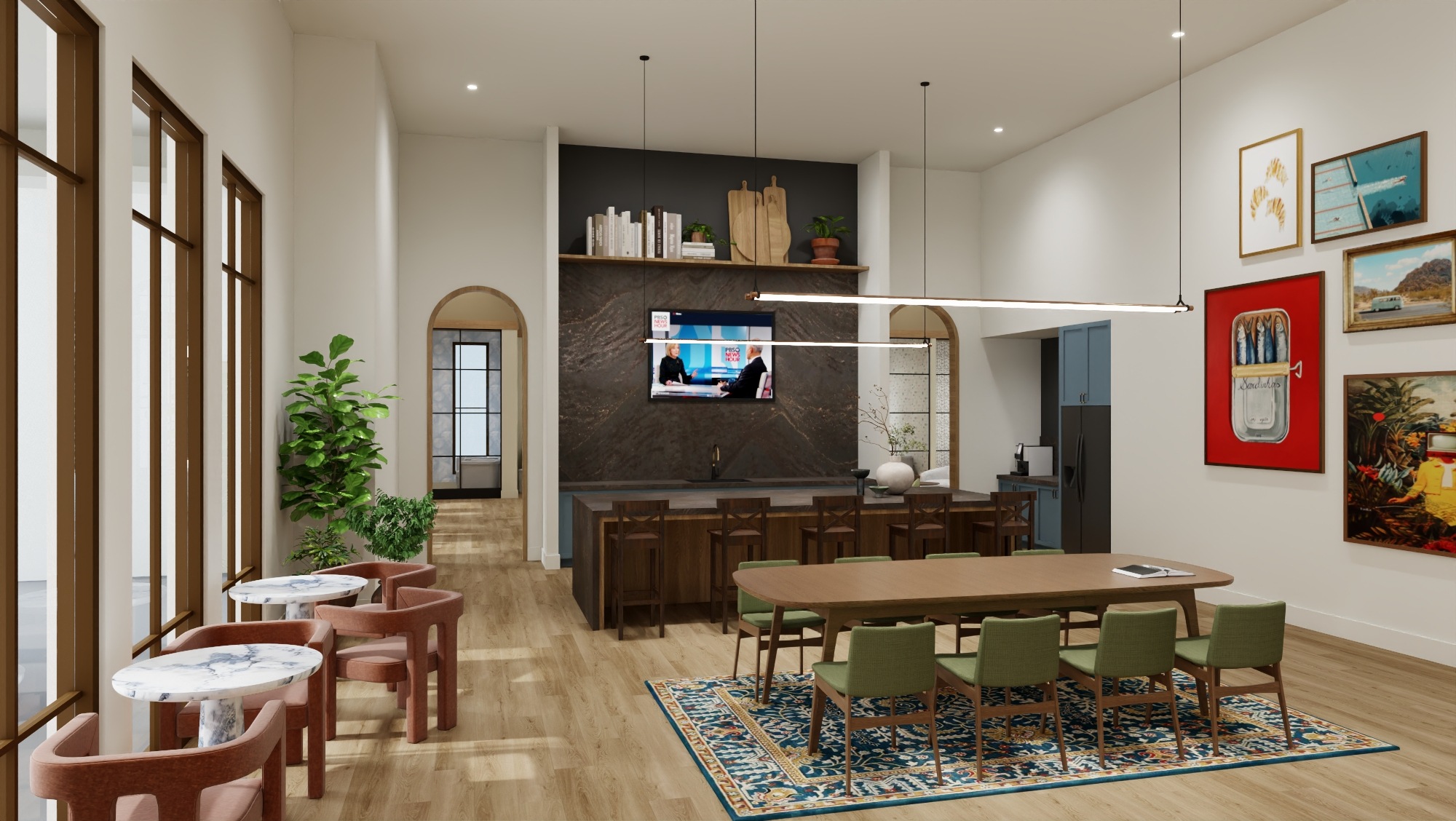 modern communal kitchen and dining area at chandelier in oxford ms