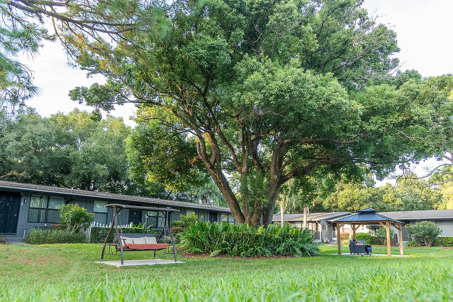 Charming apartment exterior with lush green lawn, large shady tree, and inviting swing bench under a gazebo.