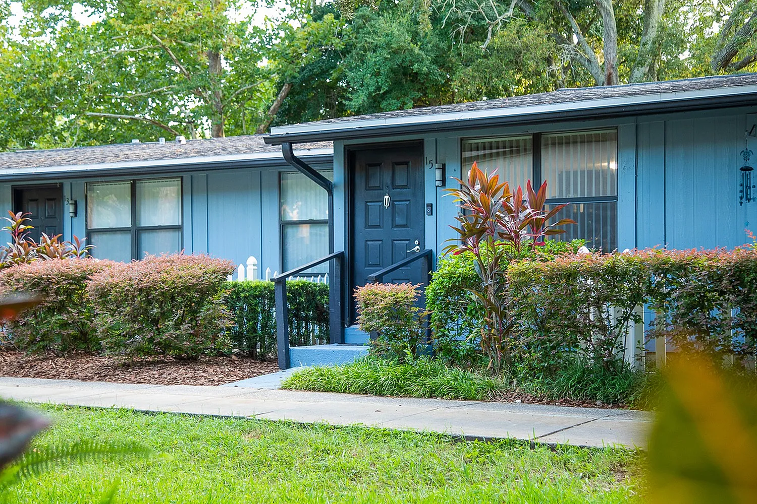 Charming blue cottage-style home with lush greenery, vibrant shrubs, and a welcoming entrance.