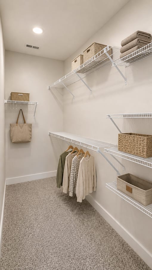 A white closet with a grey carpet and a white shelf.