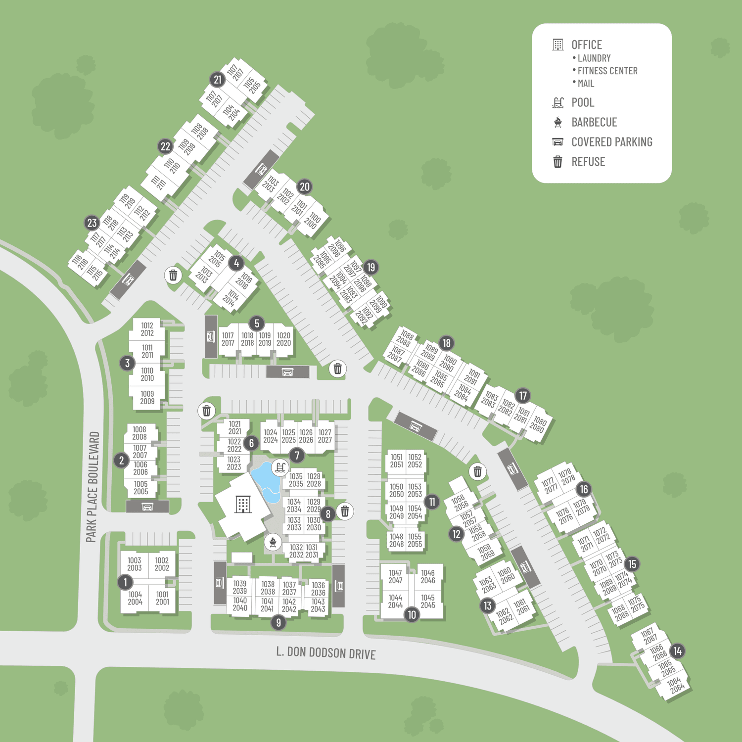 A site map marked by red dots showing unit locations, if available.