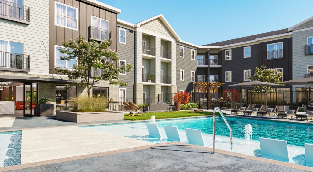 Expansive view of the vibrant pool area at Norwood Apartments, showcasing a perfect spot for summer fun.