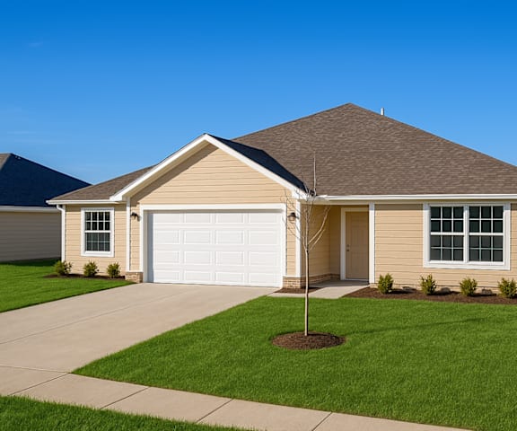 A house with a brown roof and a white garage door.