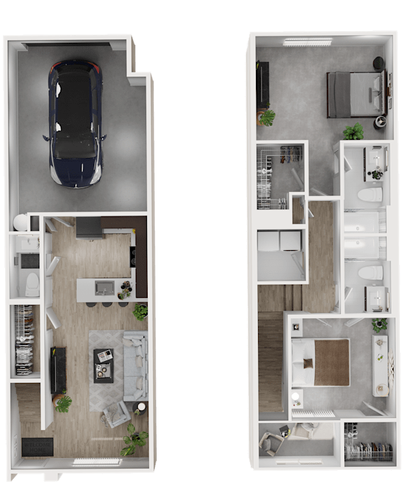 A top-down view of a car and a split-level floor plan of a house.