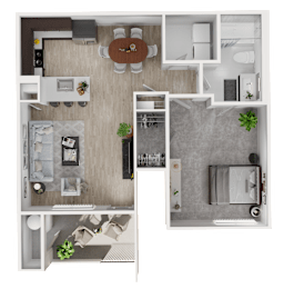 A top-down view of a modern apartment layout with a kitchen, living room, and bathroom.