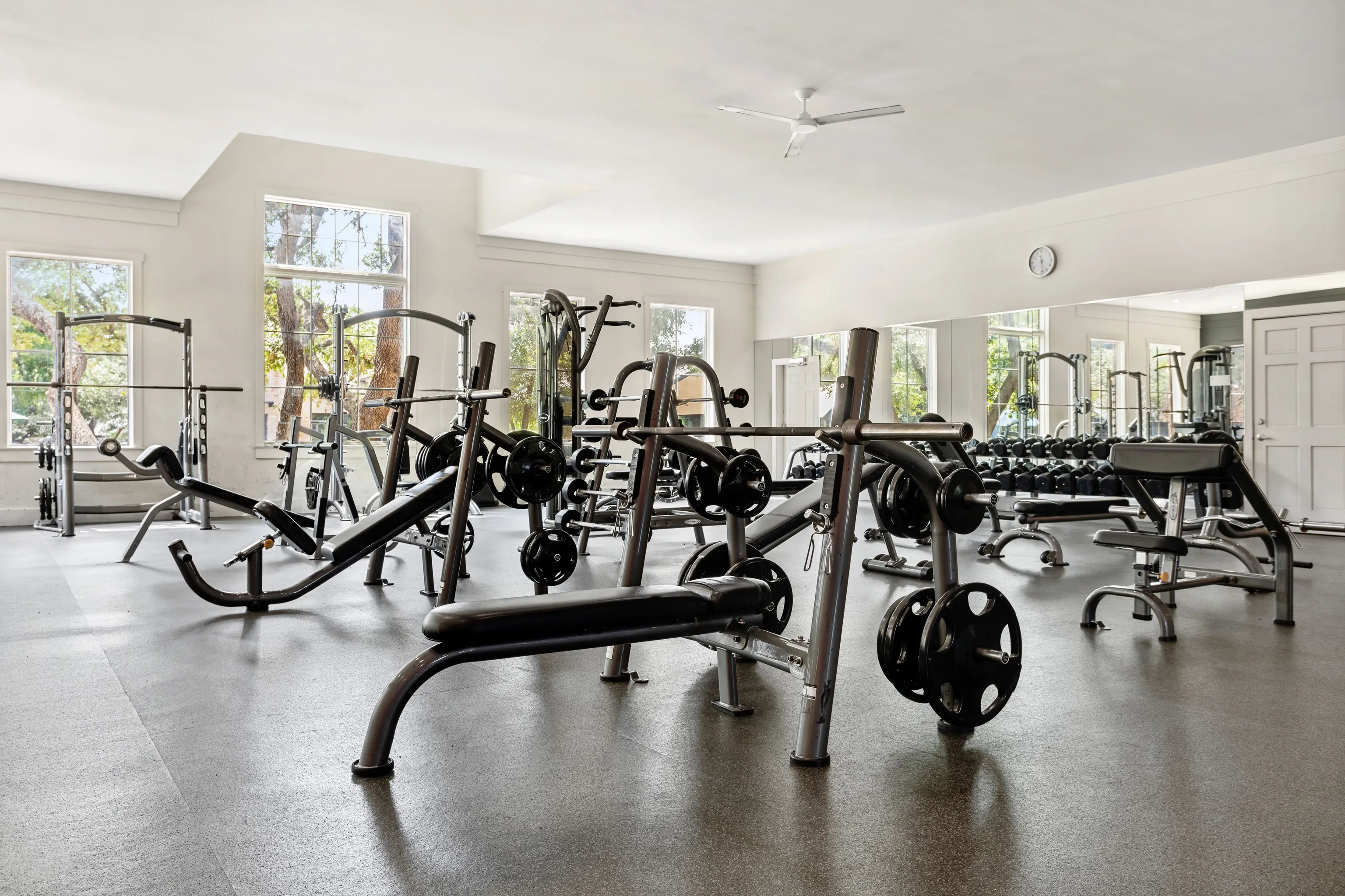 Gym with weight machines and free weights.