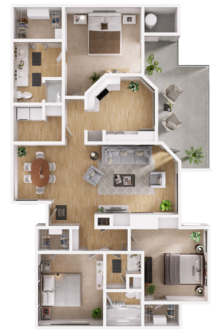 Three bedrooms floorplan image