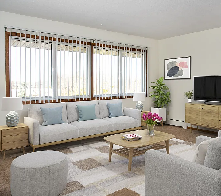 ReNew Meadow Lake bright and inviting living room with modern grey sofas, chic wooden furniture, and vibrant decor, perfect for relaxation and entertainment.