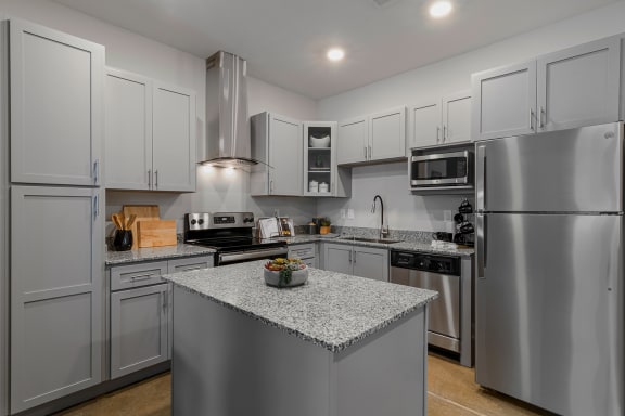 Kitchen with grey cabinets, grey countertops, and stainless steel appliances.