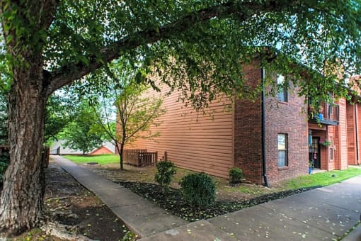 the side of a brick building next to a tree