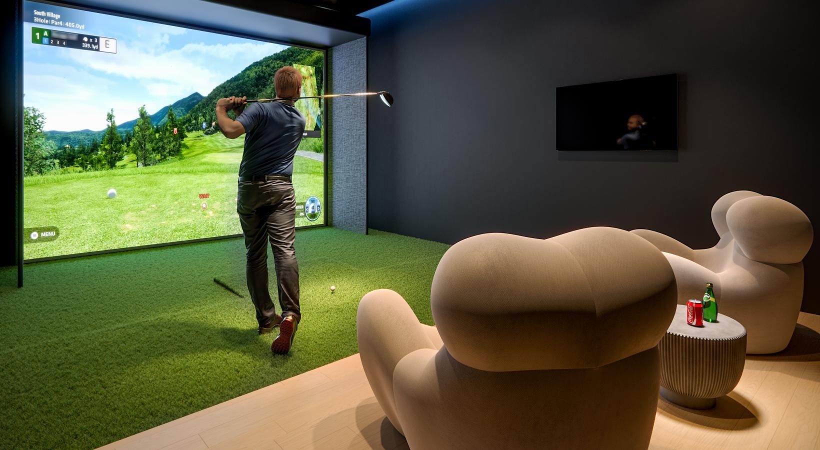 Dedicated golf simulator room for play and practice at CMPND Miami.