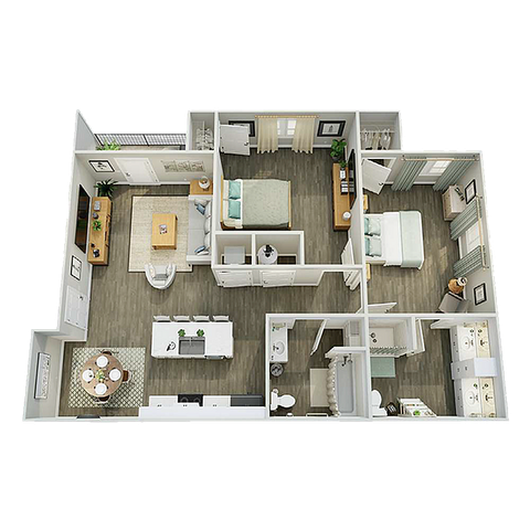 3D floor plan displaying 2 bedrooms, open living area, dining room, and modern kitchen layout.