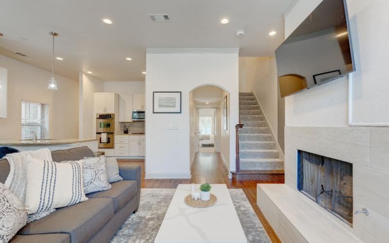 a living room with a fireplace