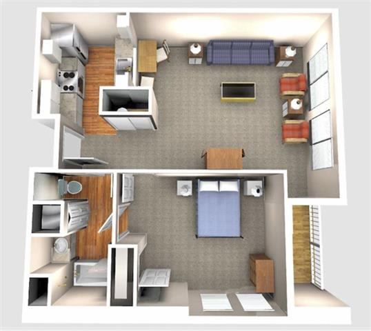 1 bed  1 Bath 588 square feet 3d furnished floor plan 1 Bedroom 1A