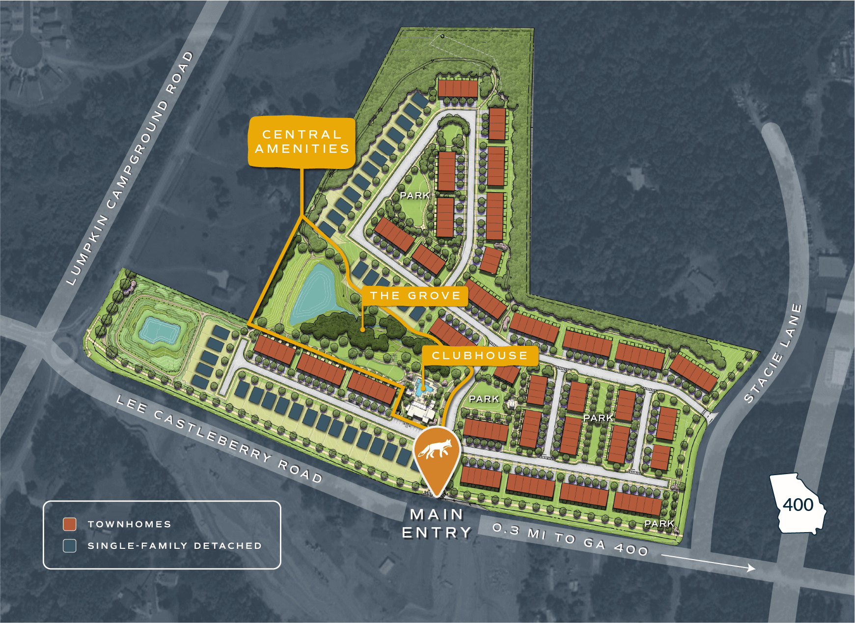 Illustrated Foxgrove site plan showing location of townhomes, single-family detached homes, community amenities, and ingress/egress from GA-400