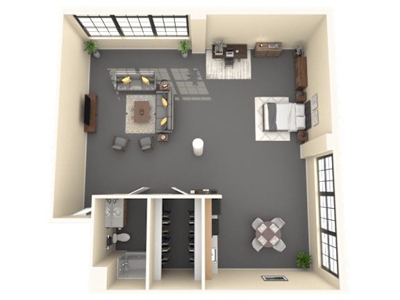A 3D floor plan of a small apartment with a living room, kitchen, and bedroom.