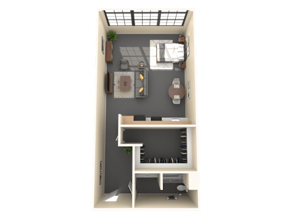 A small apartment with a kitchen, living room, and a bedroom.