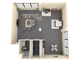 A 3D floor plan of a small apartment with a living room, kitchen, and bedroom.