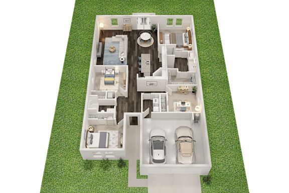 A 3D rendered image of a house layout with a garage and two cars.