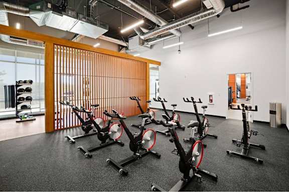 A gym with a row of stationary bikes.