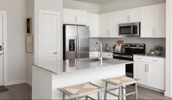 kitchen with ample counter-space, modern appliances and bright lighting