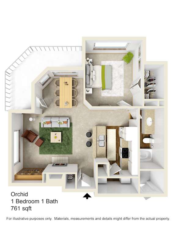 A floor plan of an Orchid apartment with one bedroom and one bath.