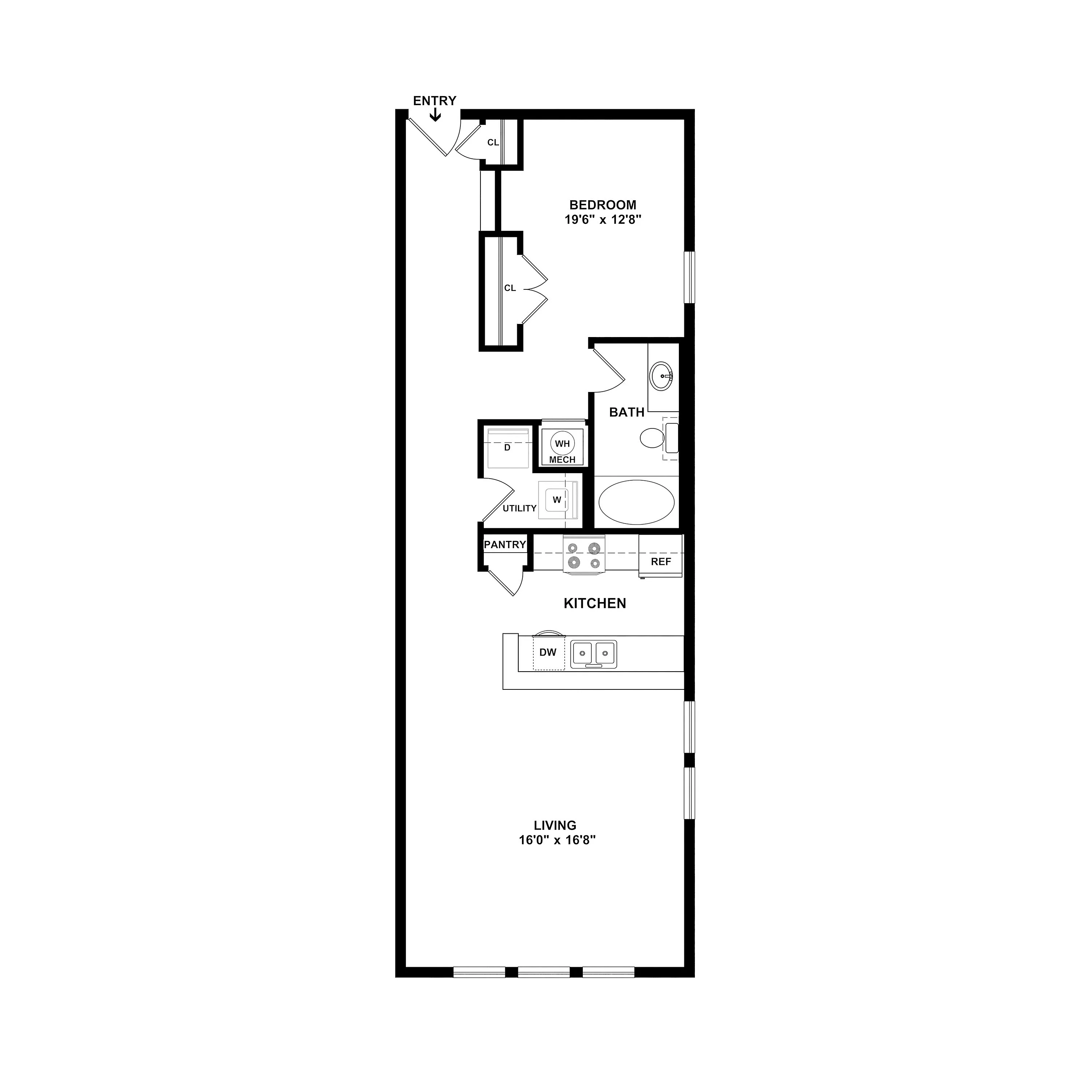 Elegant floor plan showcasing a spacious 1-bedroom, 1-bath layout with an open kitchen and living area, featuring ample storage space and modern design.