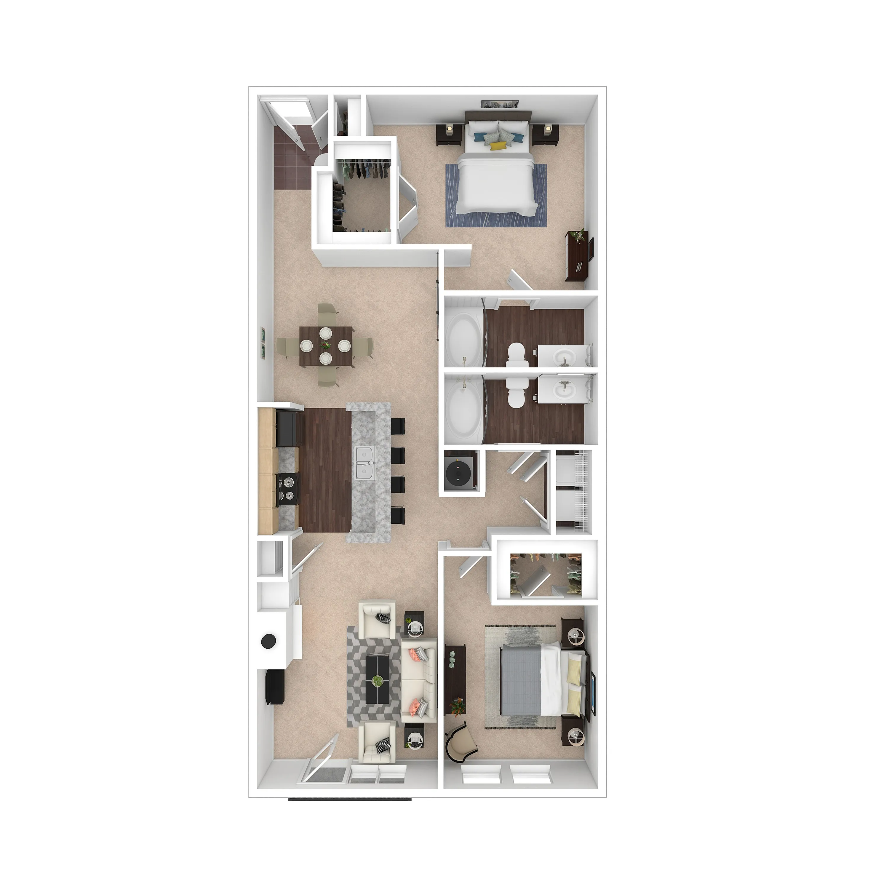 Modern 3D floor plan showcasing 2 bedrooms, spacious living room, elegant kitchen, and two bathrooms.