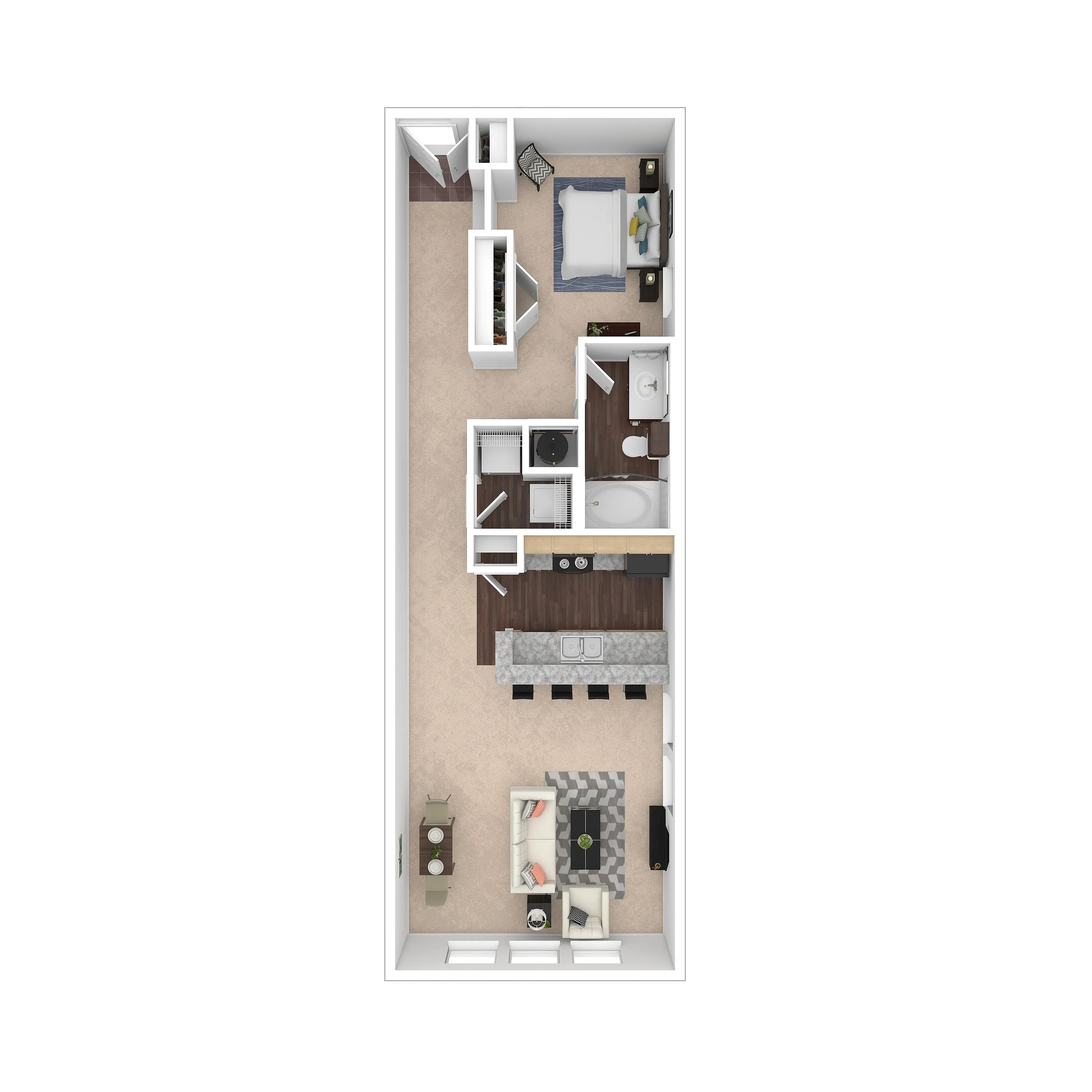 Modern one-bedroom apartment floor plan with open kitchen, cozy living area, stylish bathroom, and inviting bedroom layout.